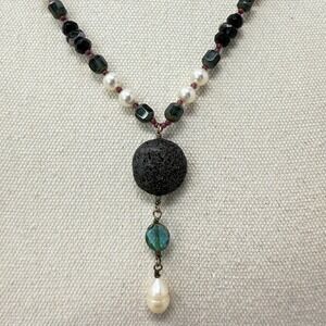 Handmade Gemstone Pearl Lariat‎ Necklace Lava Stone Blue Crystal Sterling Silver